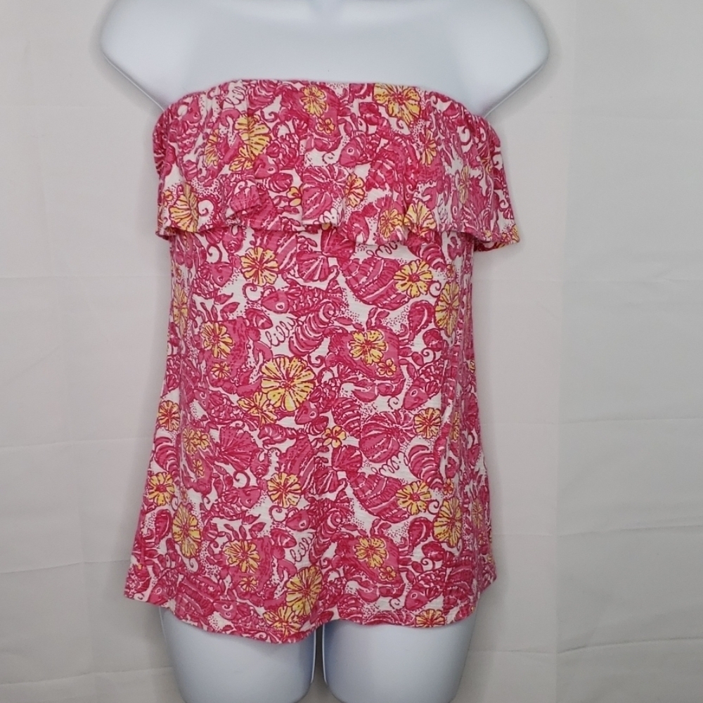 Lilly Pulitzer Strapless Ruffle Tropical Print Top - Pink & Yellow